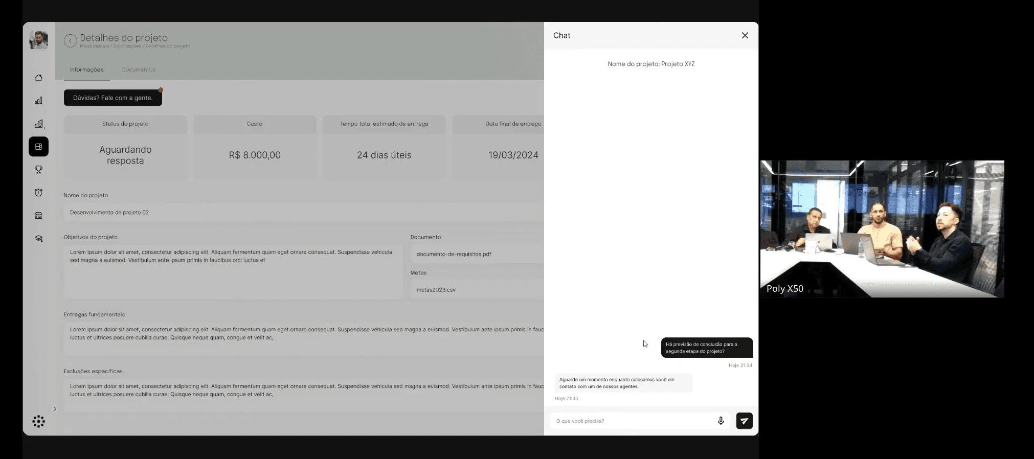 Video validation session, with the project details screen and chat open and three people in a meeting room