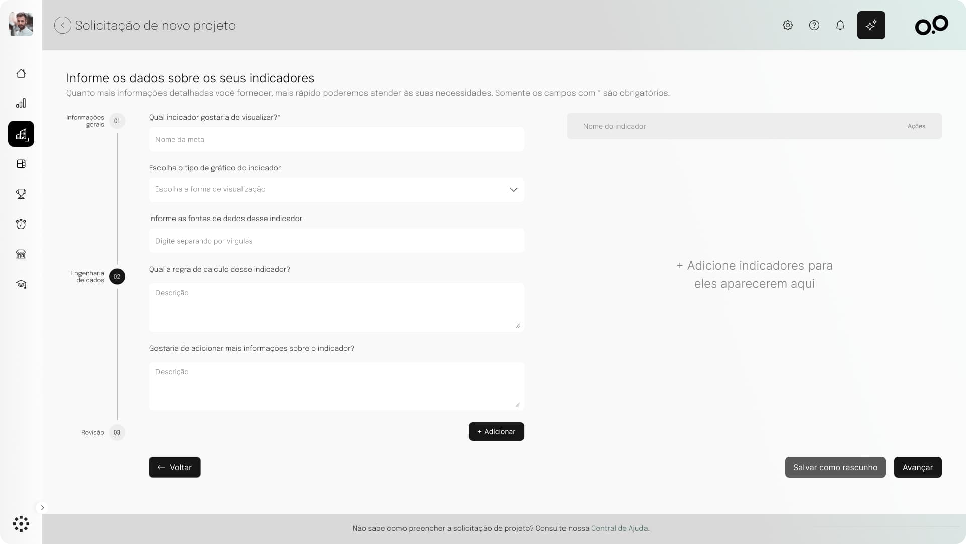 New project request screen, where the client describes the indicator, chart type, data sources and calculation rule
