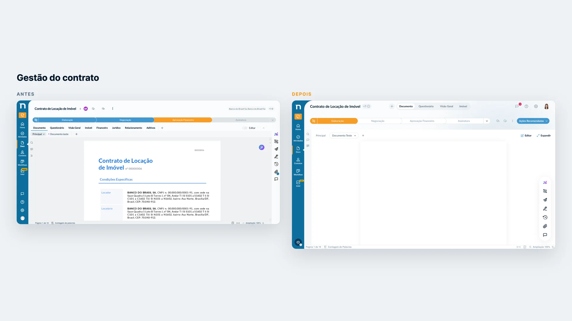 Before and after of contract management: on the left the raw document from the old product, on the right the new screen with stages and AI-recommended actions