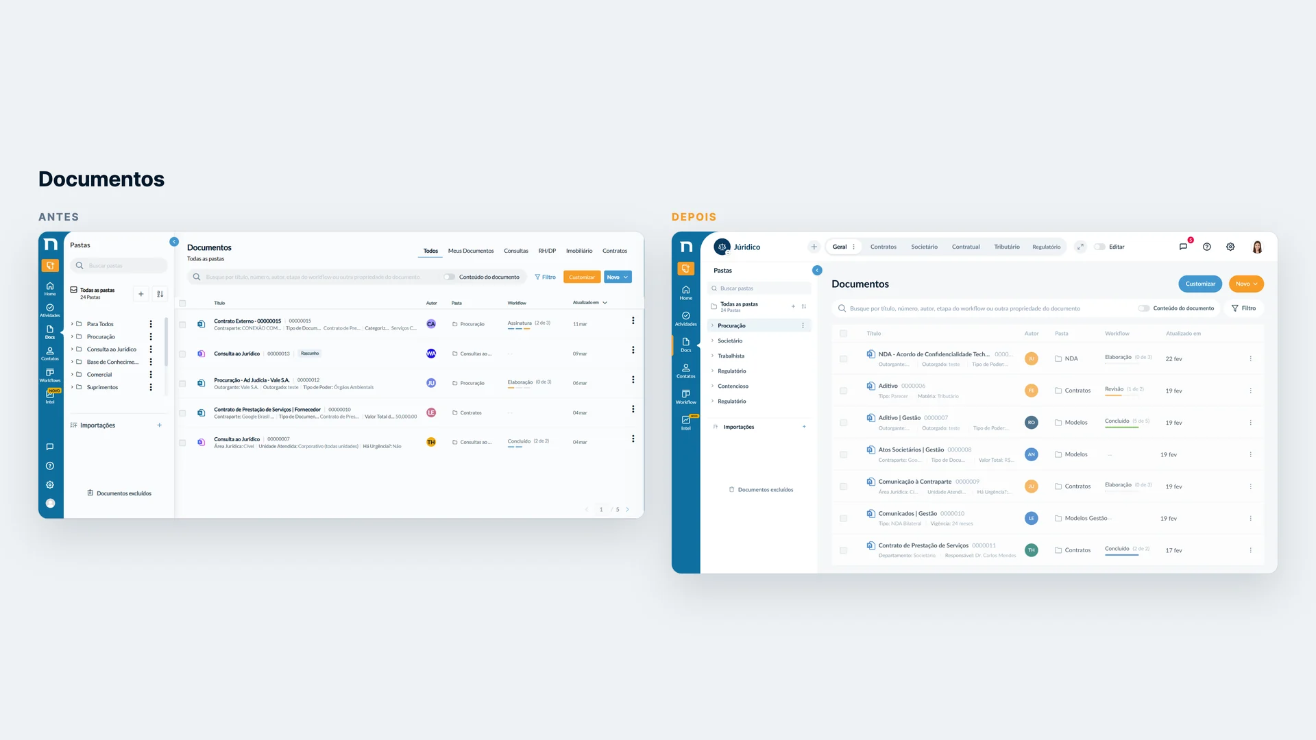Before and after of the document list: the old product's generic list and the new one, with author, folder and workflow stage