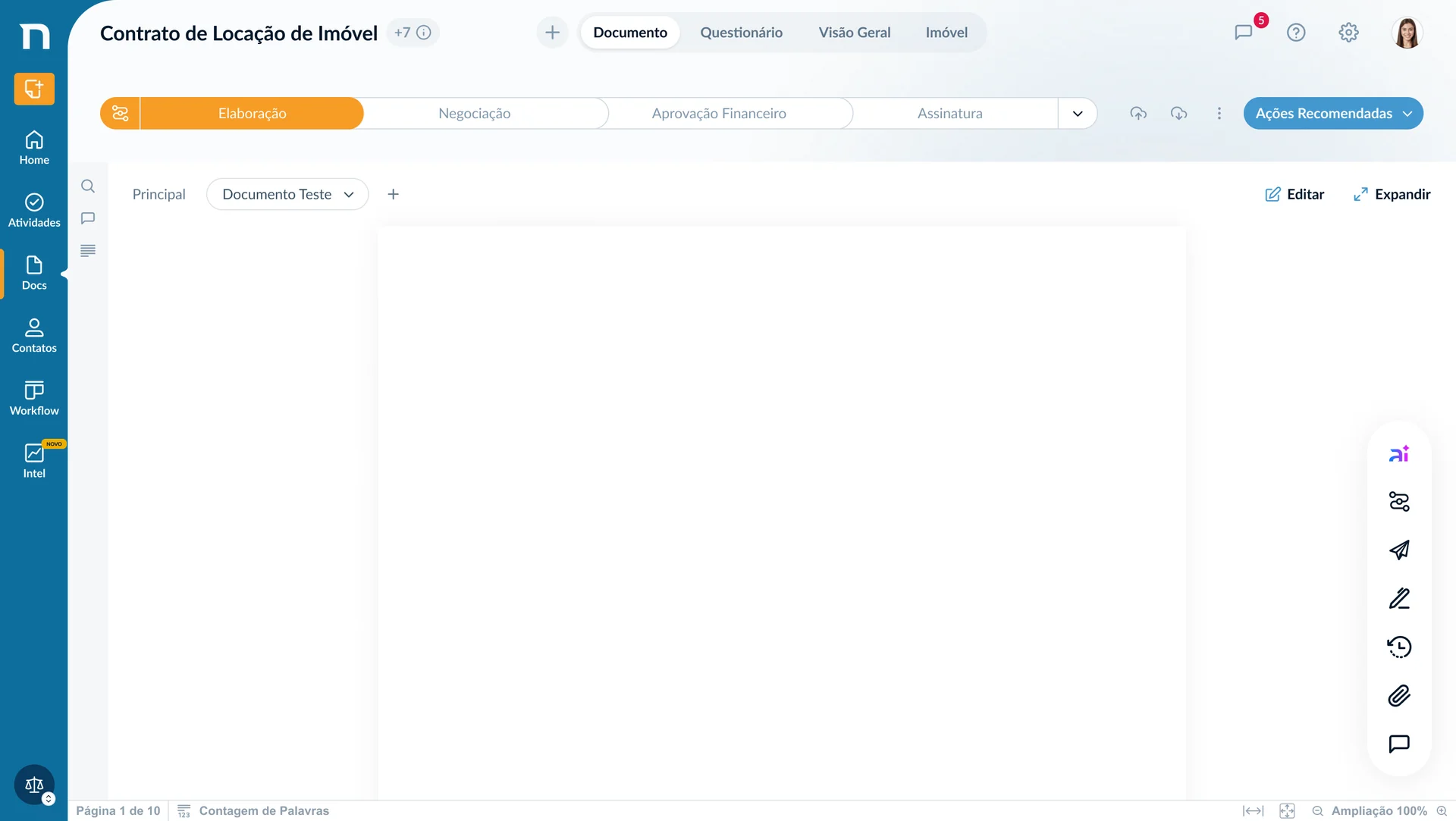 Managing a lease contract in netLex: stage stepper, contract tabs, the AI Recommended Actions button and a floating toolbar
