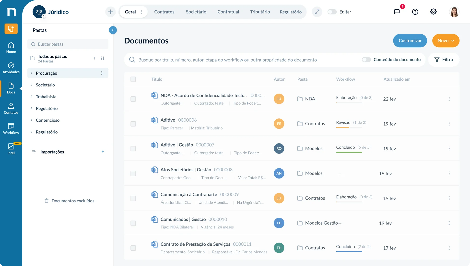 Document repository with folder tree, content search and the list with author, folder, workflow stage and date