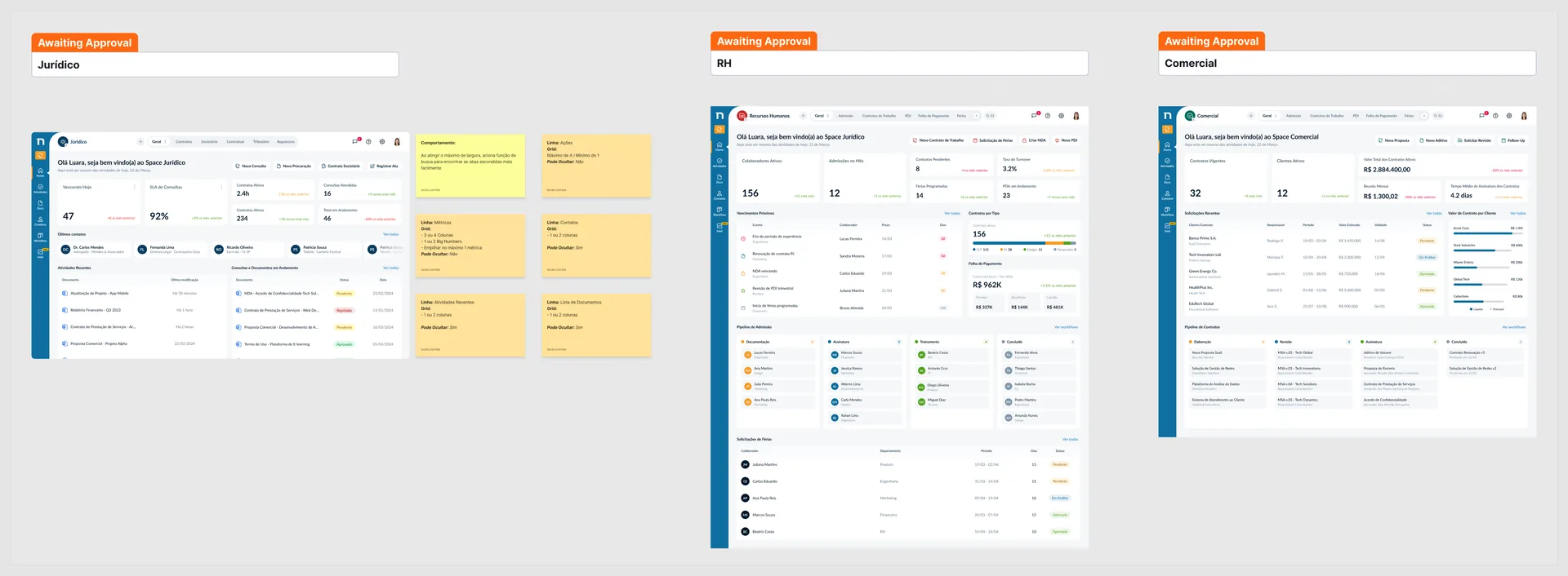 Figma board with the homes of three teams and yellow sticky notes defining the modular grid rules