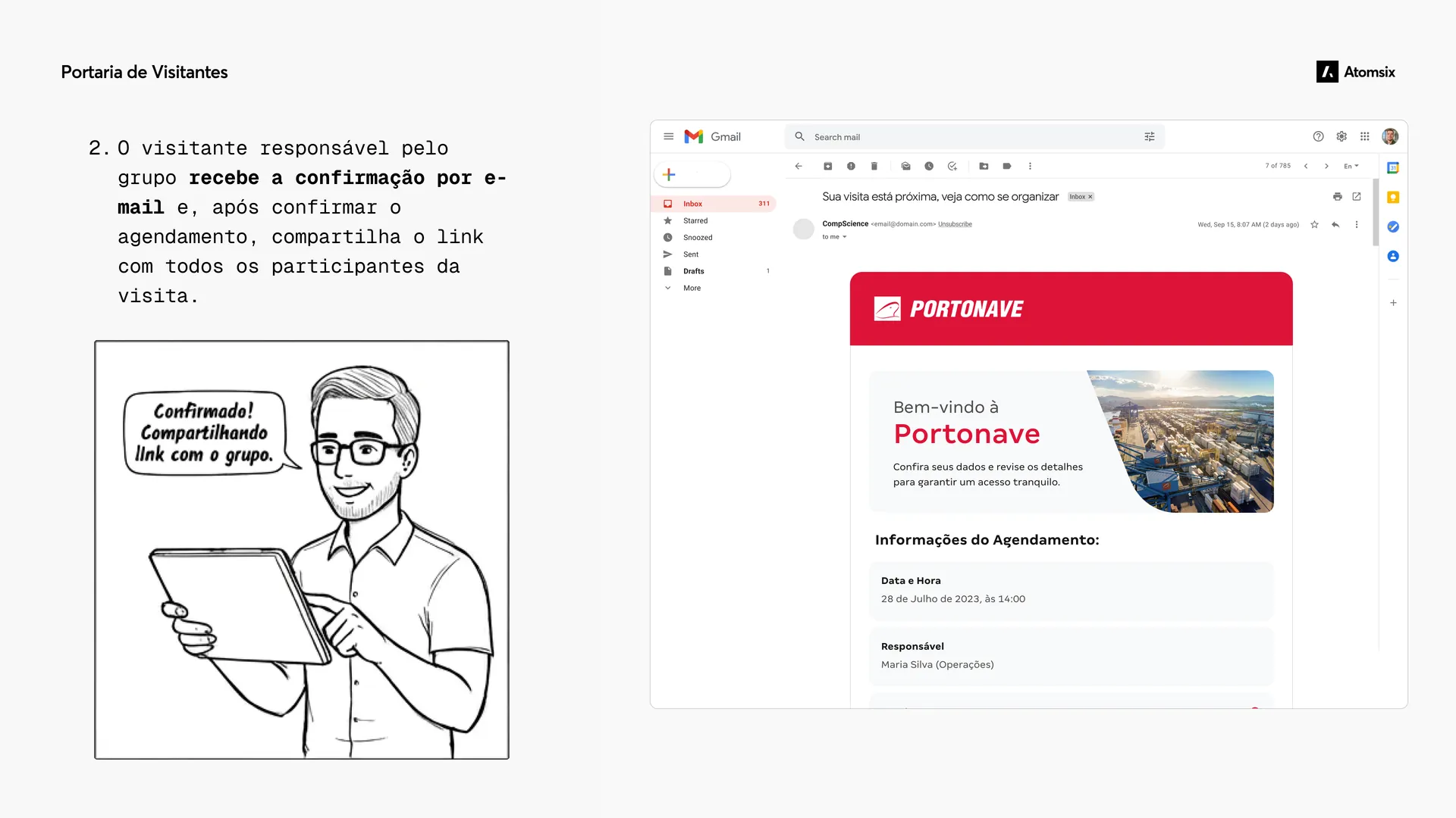 Storyboard of the group leader receiving the email confirmation and sharing the link with participants, beside the Portonave email
