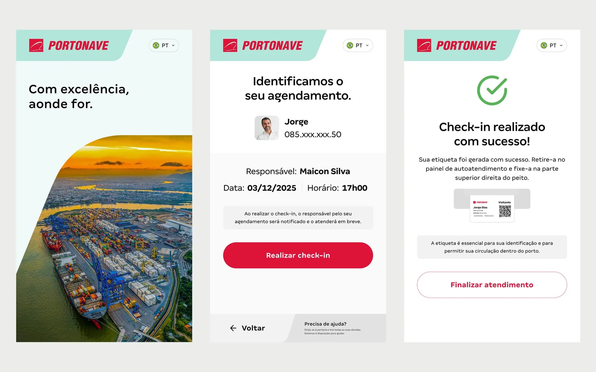 Three kiosk screens side by side: the idle screen with the port photo, the identified booking with the check-in button and the completed check-in with the sticker