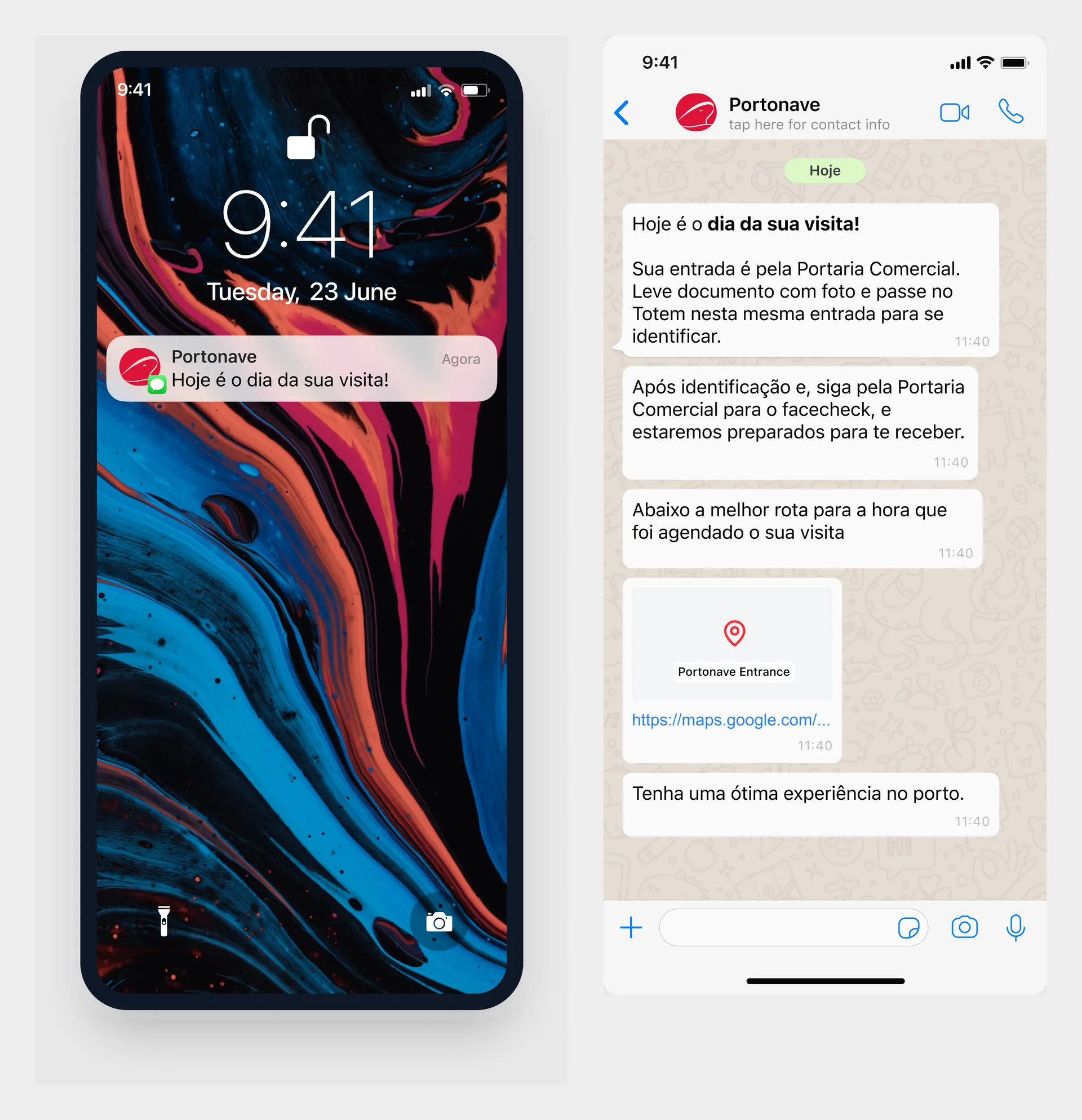 Two phones: the Portonave notification on the lock screen and the WhatsApp chat with the visit-day guidance and the map route
