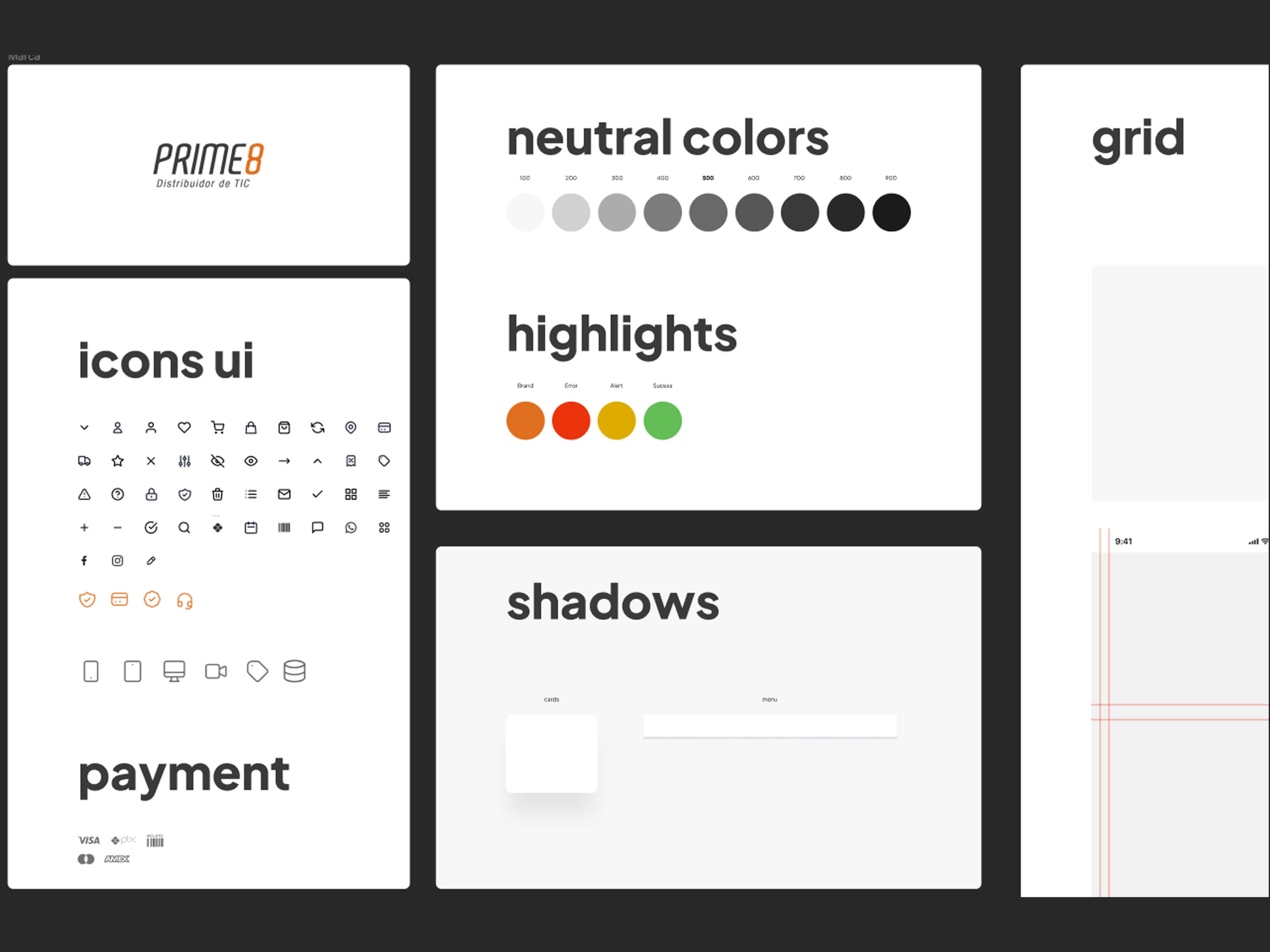 Prime8 design system foundations: logo, icons, payment methods, neutral and highlight colours, shadows and grid