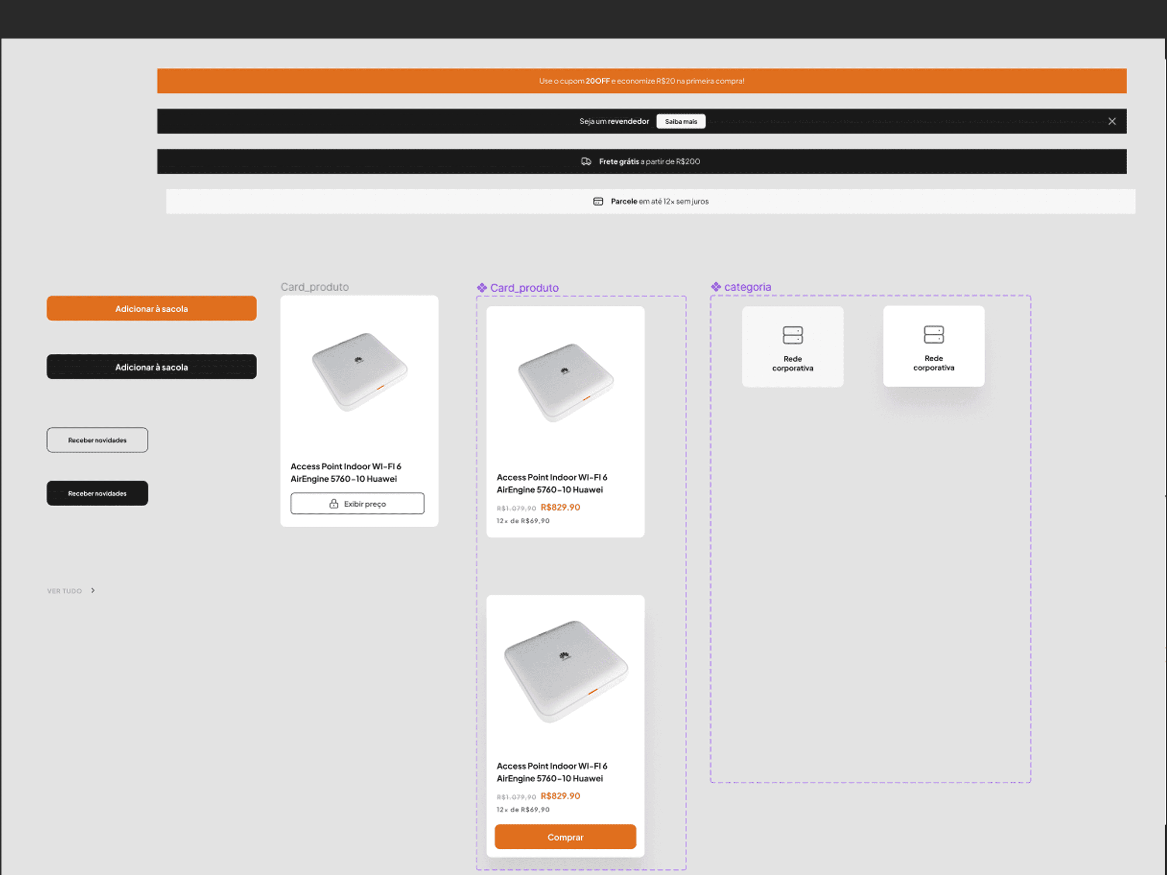 E-commerce components: notice bars, buttons and product card variants, one with the price locked until sign-up