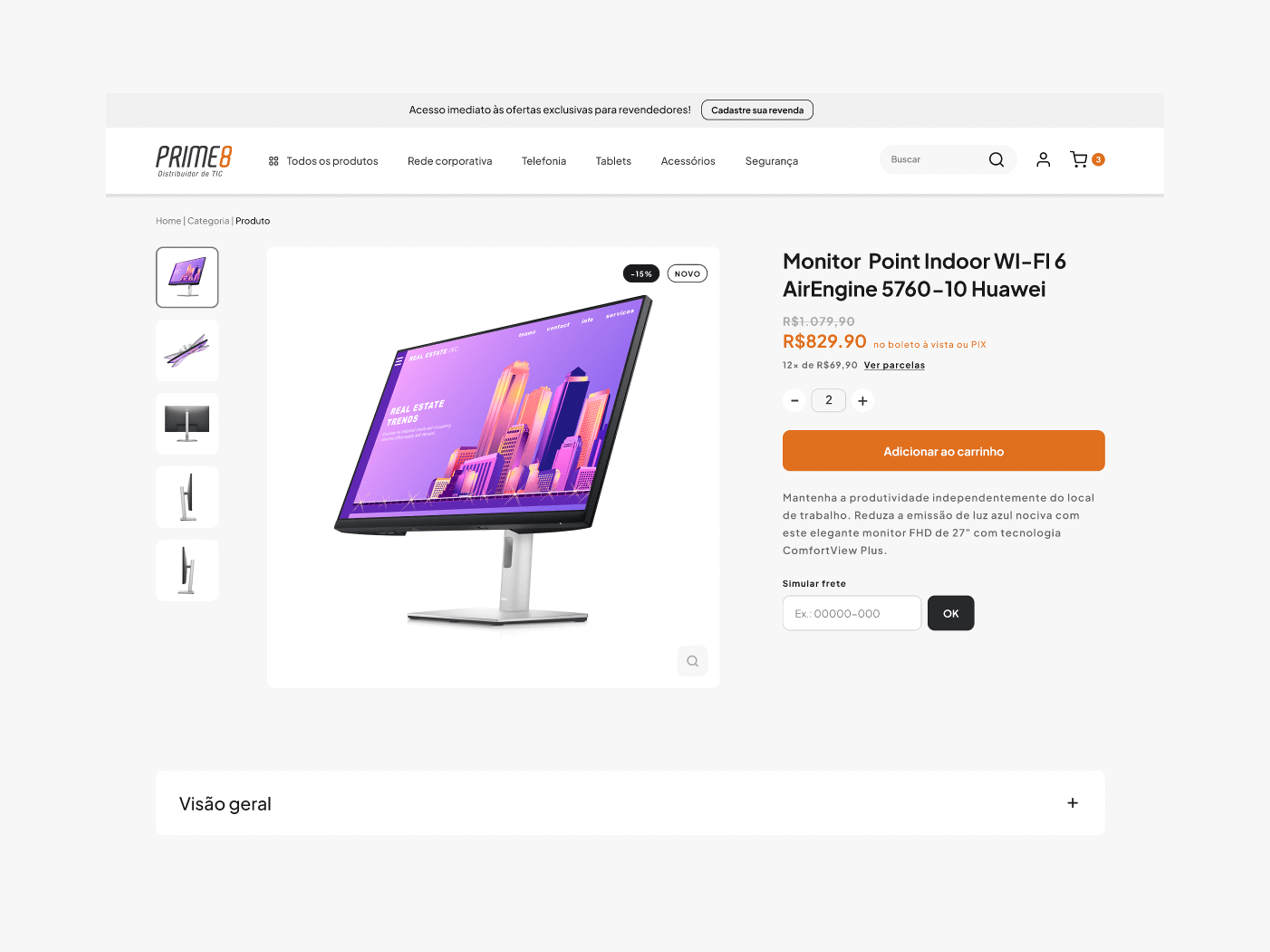 Prime8 e-commerce product page, with the reseller offers banner at the top