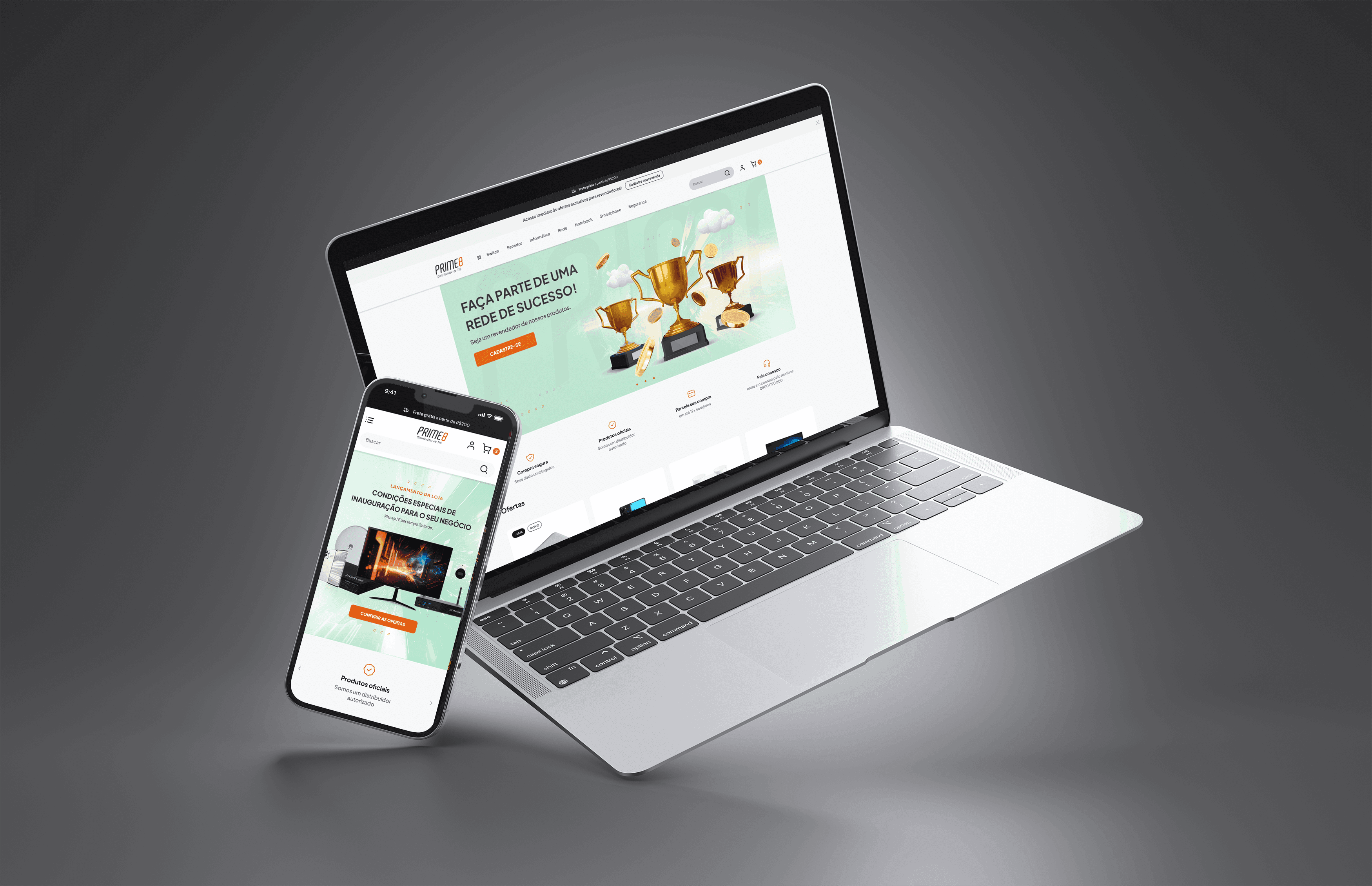 Laptop and phone open on the Prime8 e-commerce, on a grey background