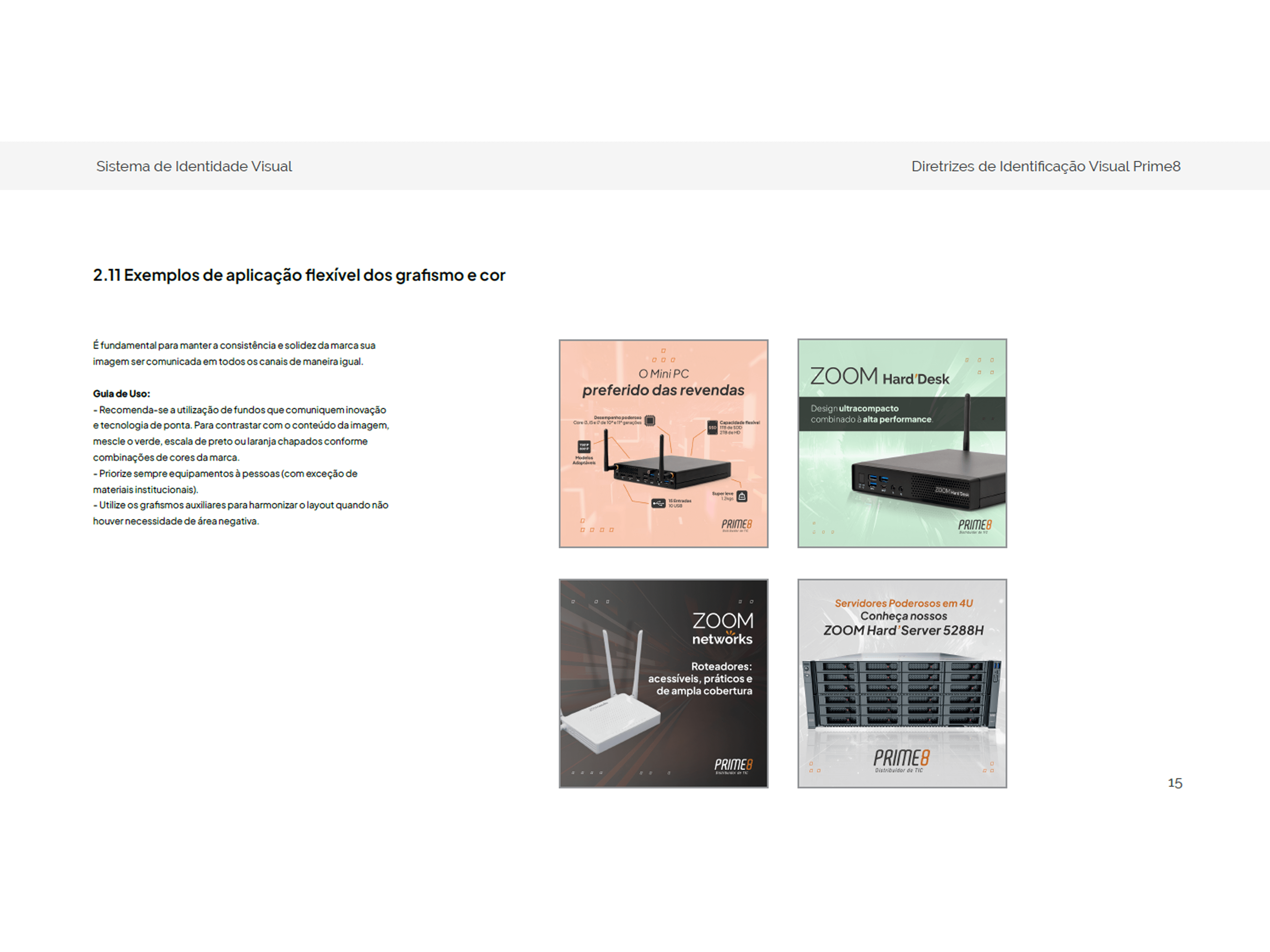 Prime8 brand guidelines page with examples of the graphic device and colour applied to product pieces