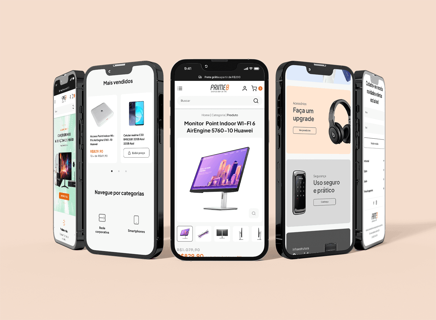 Five phones showing the Prime8 e-commerce: home, best sellers, product page, categories and sign-up