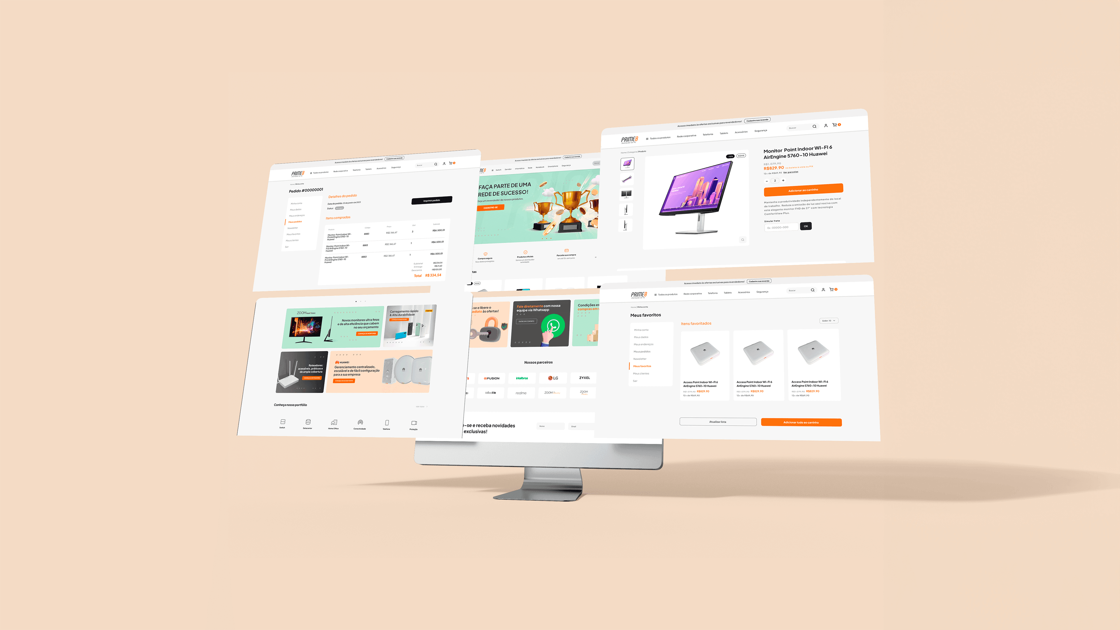Prime8 e-commerce screens floating above a monitor: order, home, product page and favourites