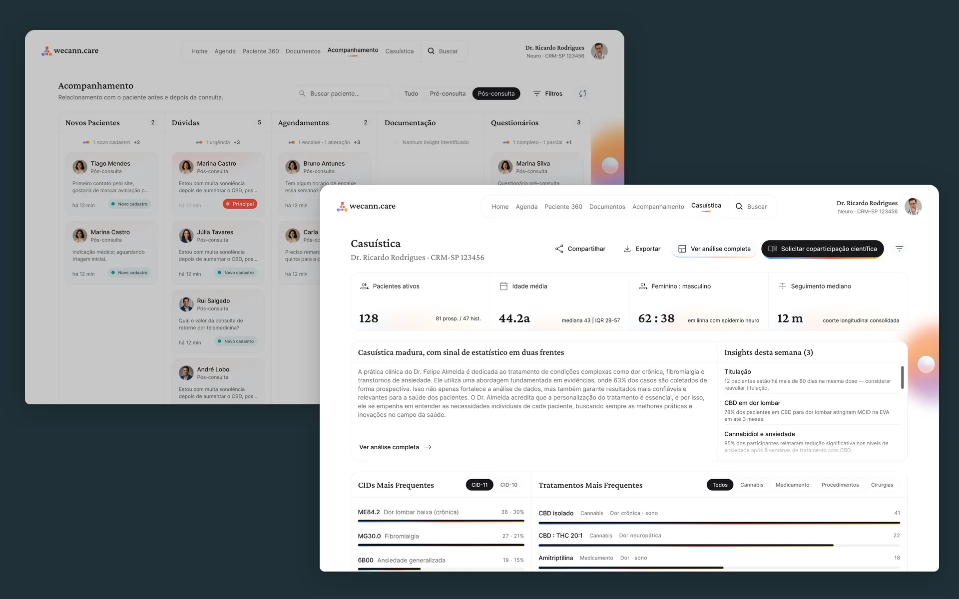 Two overlapping screens: patient follow-up after the consultation, in columns by contact type, and the doctor's case series with indicators, weekly insights and most frequent treatments
