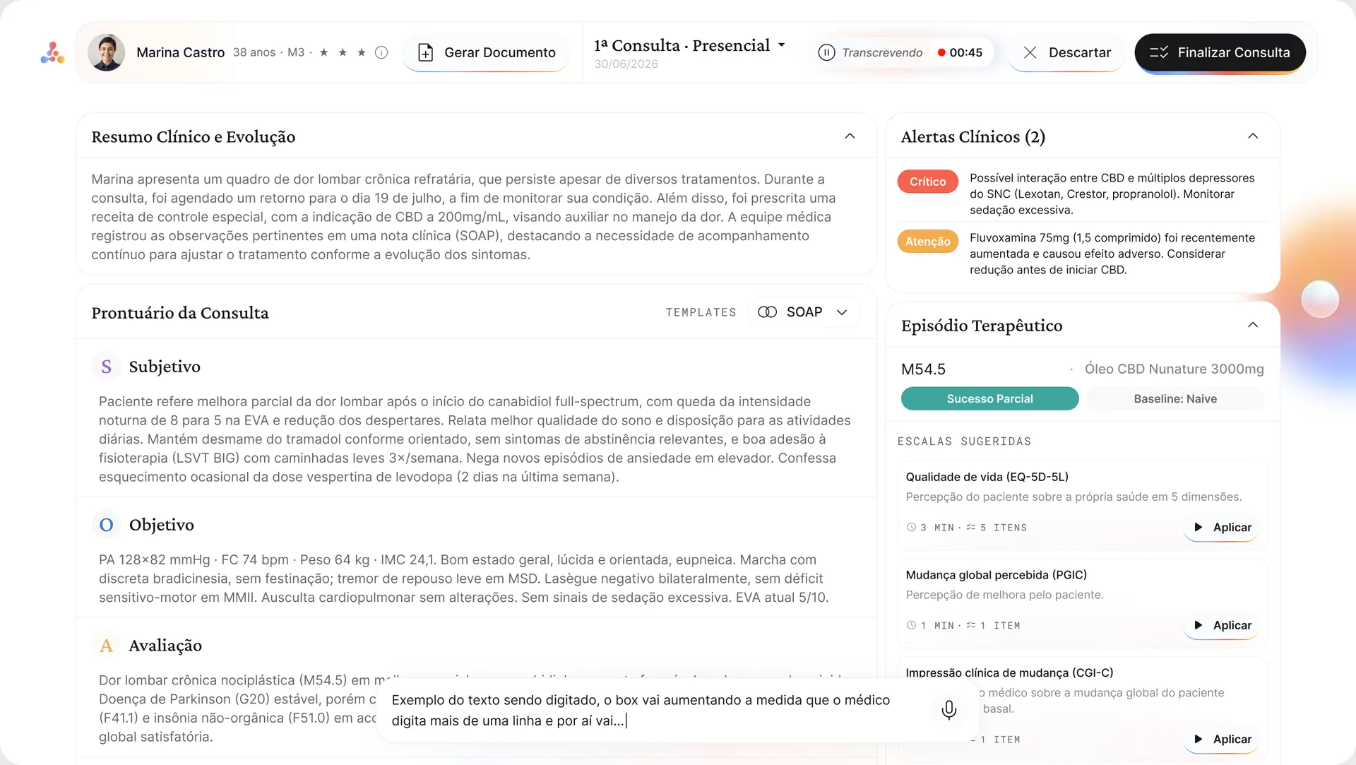 In-person consultation screen with live transcription, SOAP record, clinical alerts and suggested scales