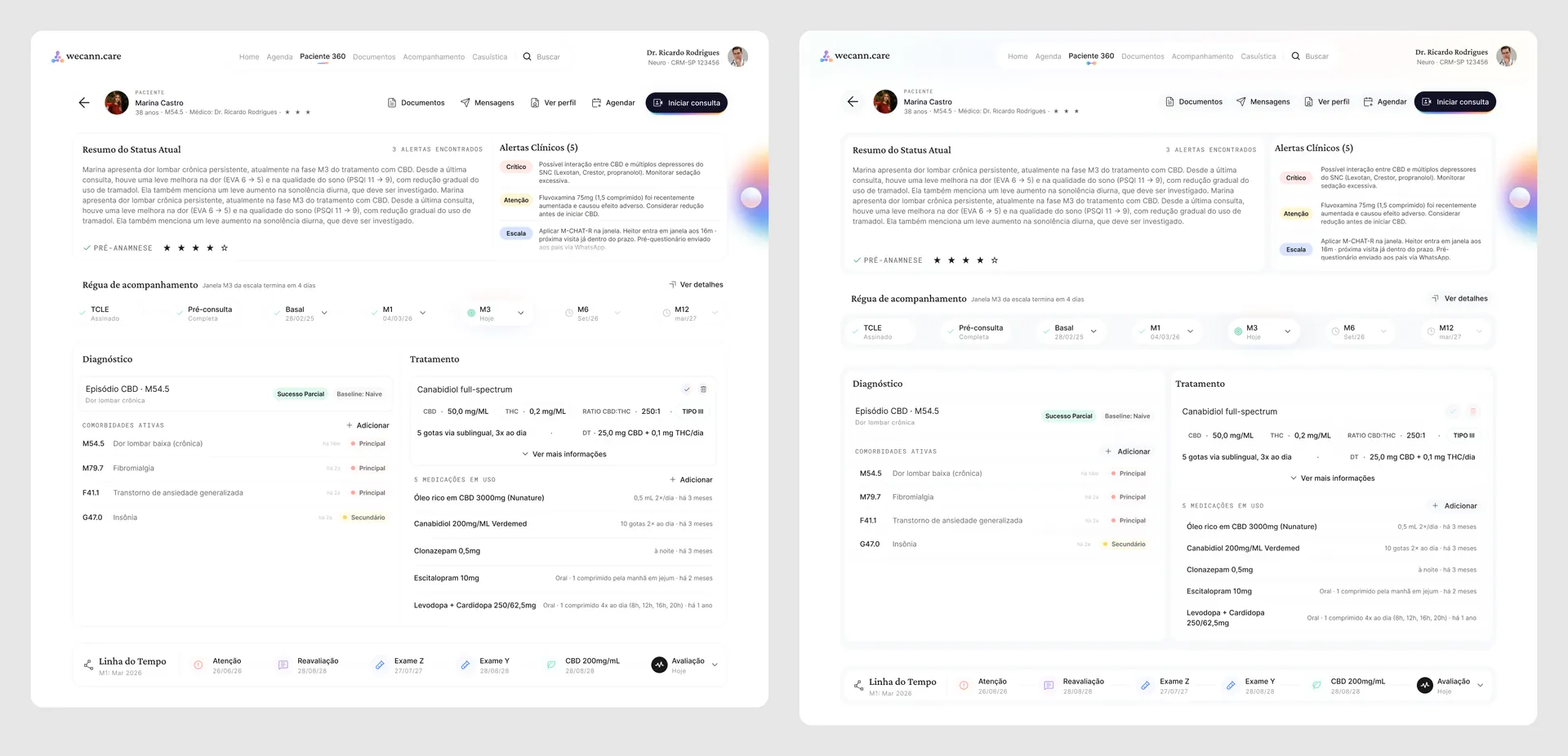 Two versions of the same patient screen side by side, one editorial and one SaaS, compared in the creative direction