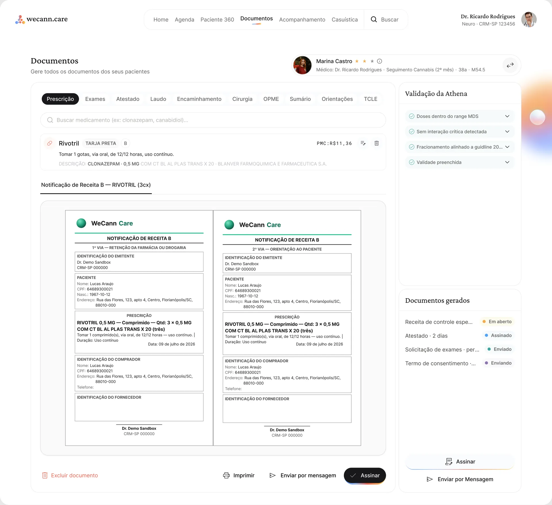 Documents screen with two special-control prescriptions generated and Athena's validation on the side