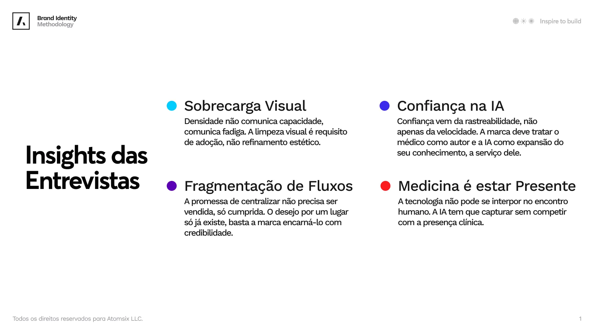 Workshop slide with the four interview findings: visual overload, trust in AI, fragmented flows and medicine is being present