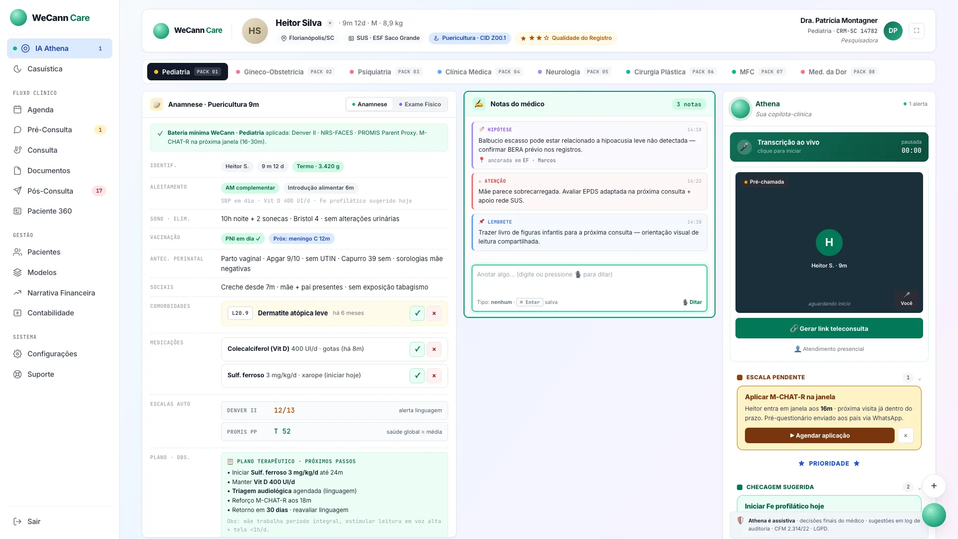 The previous version of the consultation, before the project: anamnesis, doctor's notes and Athena in three columns, with eight specialty packs as tabs at the top and a long sidebar